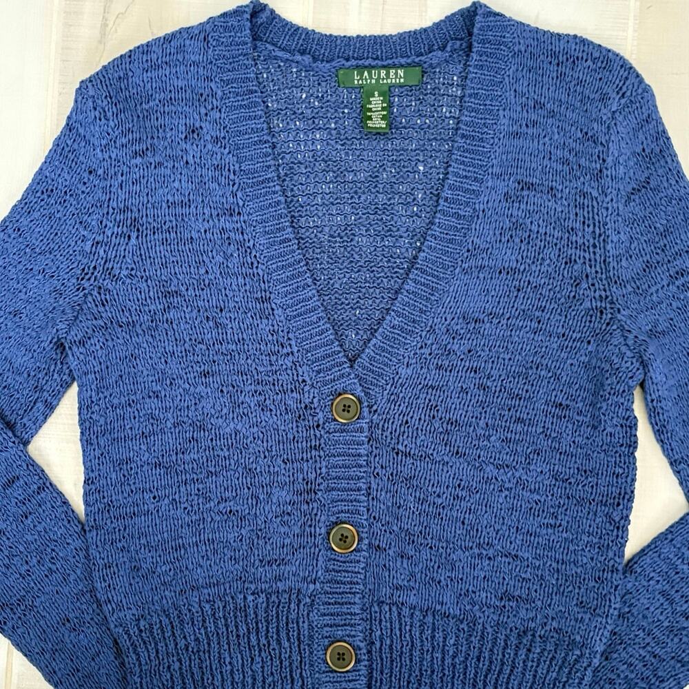Lauren Ralph Lauren Blue Cropped Open Knit Cardigan Women’s Size S Cotton Blend - Picture 3 of 7
